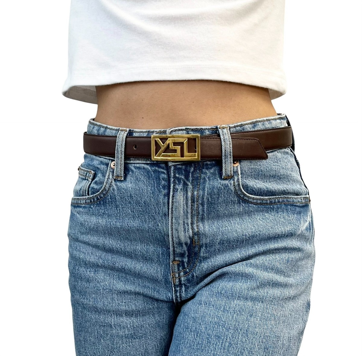 Yves Saint Laurent Vintage YSL Logo Leather Belt Brown Gold Buckle