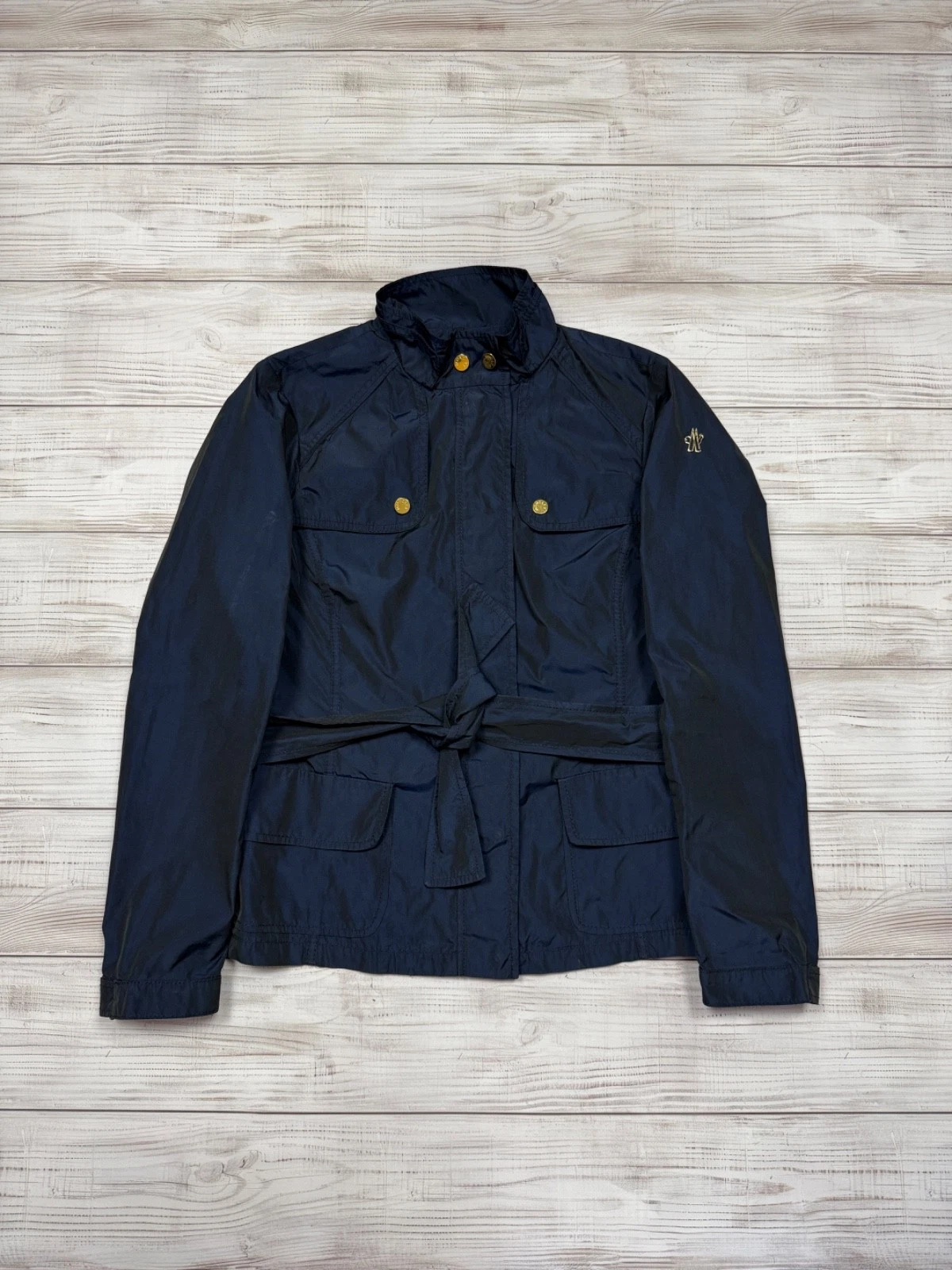 Giacca utility Moncler blu con cintura in nylon taglia 2 stile vintage