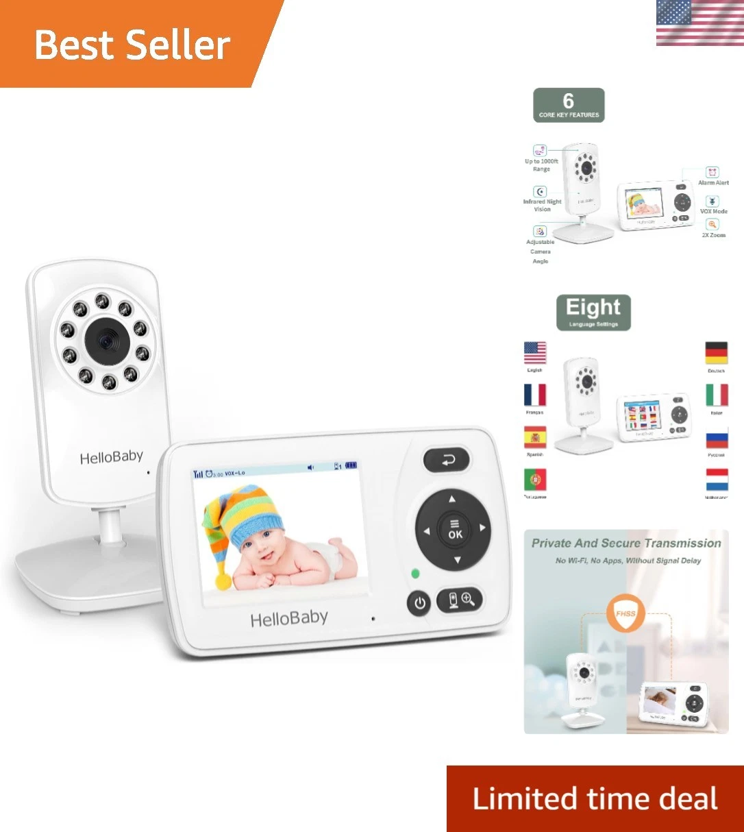 No WiFi Baby Monitor HB30: Auto Night Vision, 2.4" Portable Screen, Adjustable