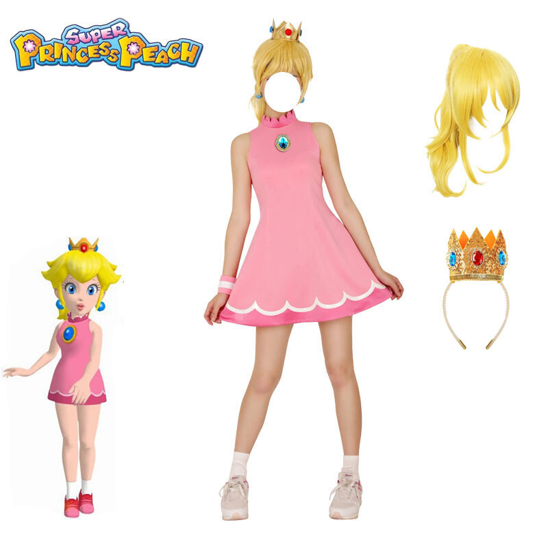 Super Mario Bros Princess Peach Wigs Dresses Crown Halloween Carnival Suits  Pink