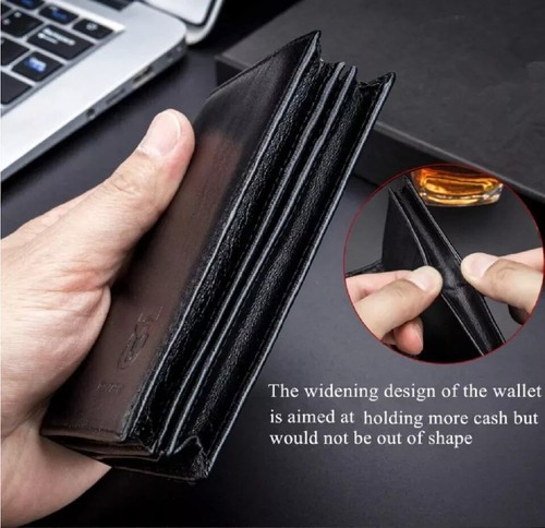 New Men's Genuine Leather RFID Blocking Large Capacity Bifold Wallet Black - Picture 6 of 7