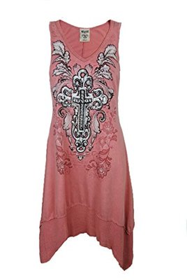 New Vocal Women Shark Bite Tunic Dress V-neck Crystal Cross in Coral