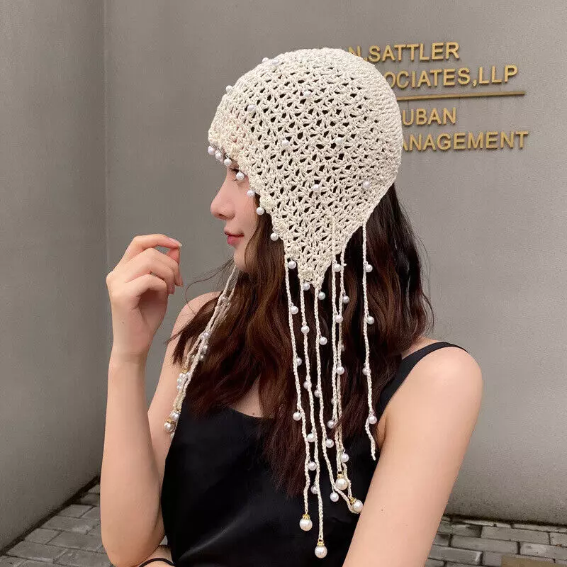 Women Retro Headwear Hat Crochet Bonnet Lace Tassel Pearl Knitted