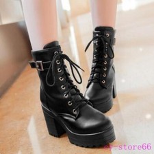 Women's Platform Faux Leather Ankle Boots Lace Up High Block Heels Knight Shoes
