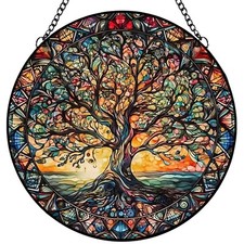 Tree of Life Suncatcher Indoor/Outdoor Stained Glass Window Hanging - Handmad...