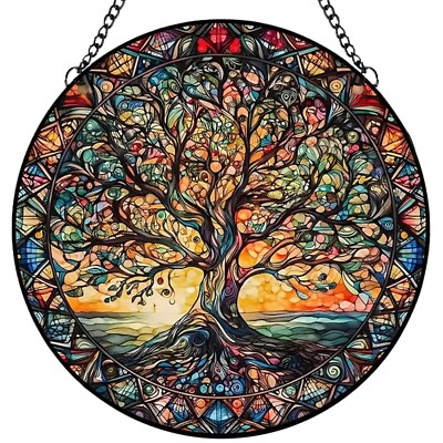 Tree of Life Suncatcher Indoor/Outdoor Stained Glass Window Hanging - Handmad...