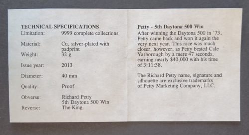 Rare American Mint Richard Petty Proof Coin - 5th Daytona Win - LOW COA #00001 - Picture 3 of 4
