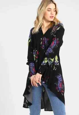 Free People Field Of Butterflies Tunic Dress SZ S Black V-Neck Boho Hi-Low