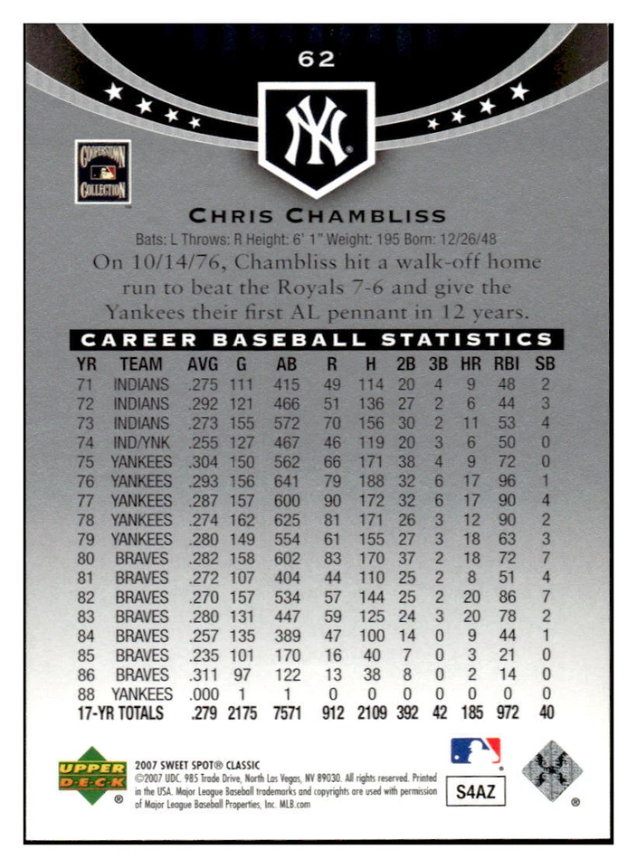 2007 Upper Deck Sweet Spot Classic #62 Chris Chambliss #/575 New York Yankees - Image 2 of 2