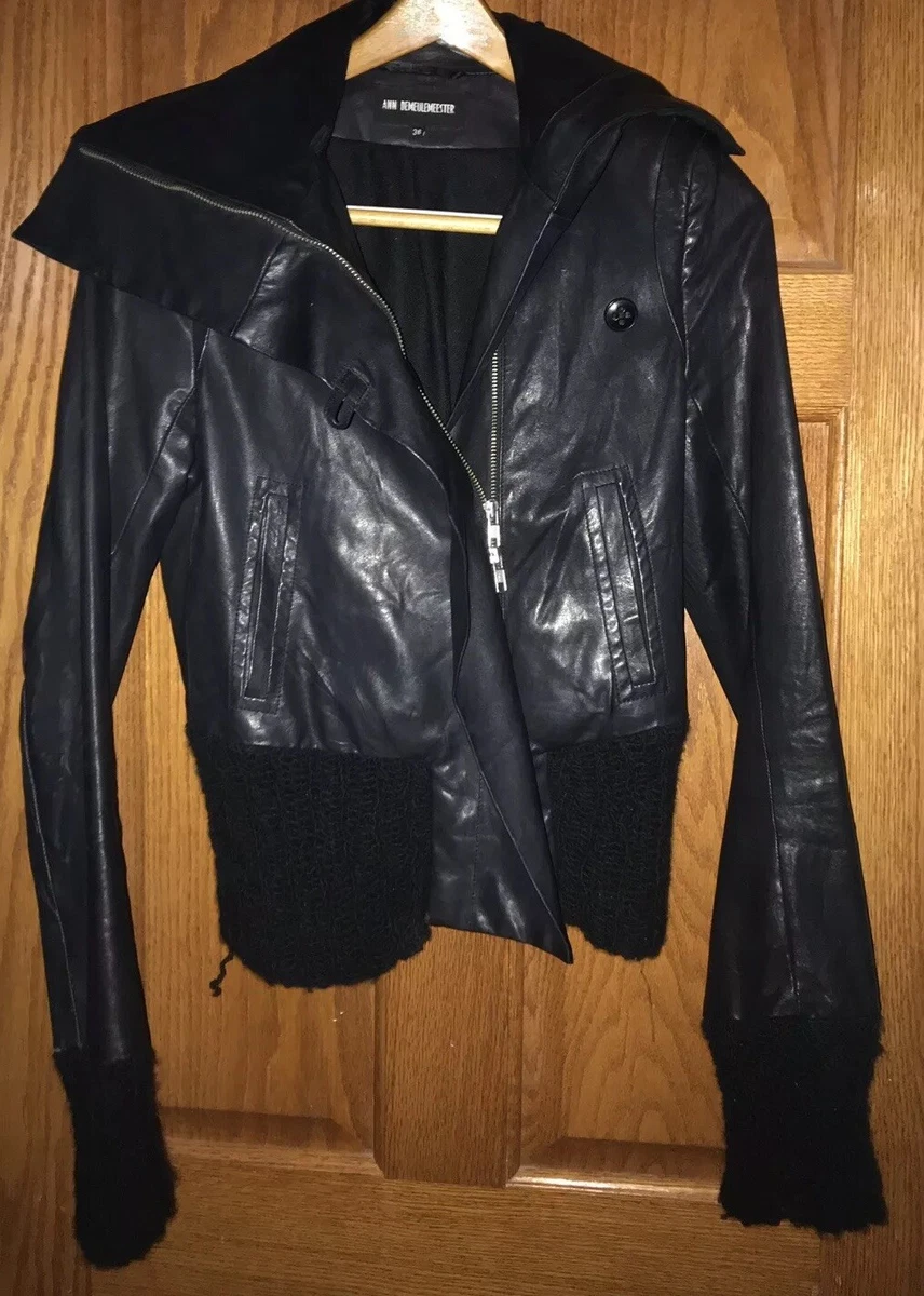 Ann Demeulemeester Vintage Womens Leather Jacket Moto Style Knit