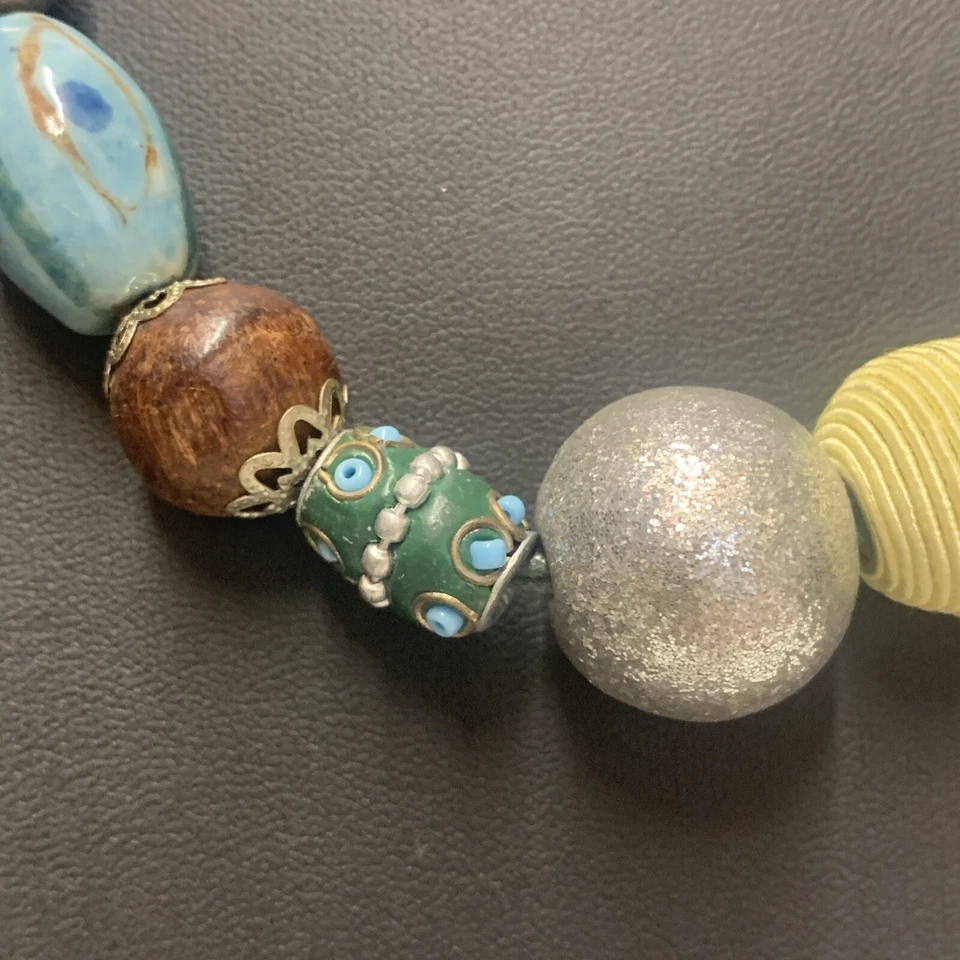 beautiful Bohemian Silver Blue Green Ceramic, Wood Beaded Necklace Adjustable - Image 4 of 4