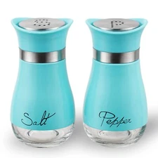 Salt and Pepper Shakers Stainless Steel and Glass Bottle Set of 2 Turquoise