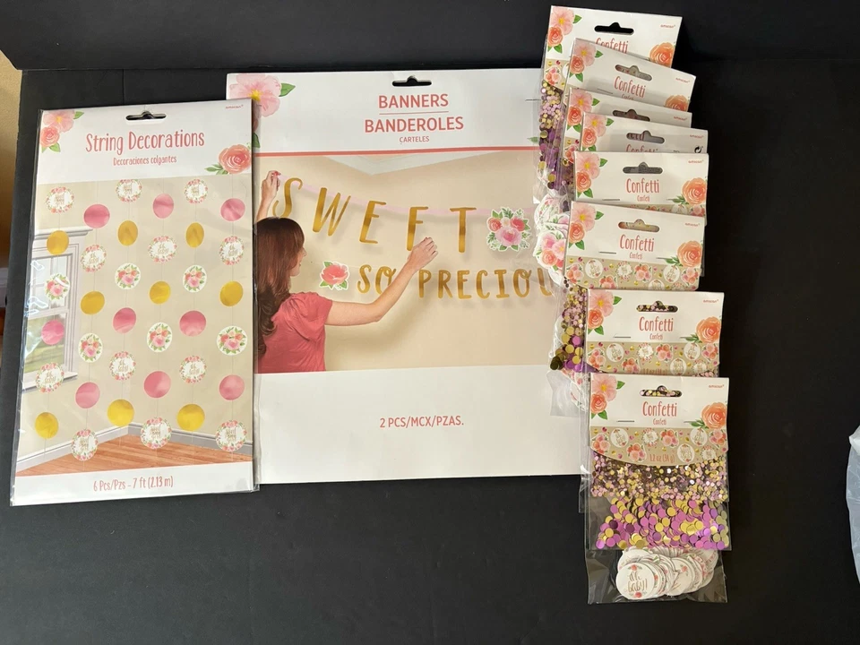 Kit de pancarta de letras jumbo para baby shower flores rosa/doradas y lote de 8 paquetes de confeti Foto 3 de 4