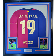 Framed Autographed/Signed Lamine Yamal 35x39 FC Barcelona Blue Jersey BAS COA