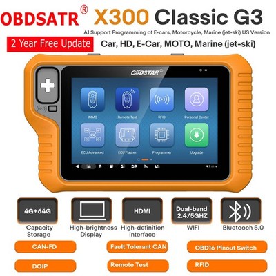 OBDSTAR X300 Classic G3 IMMO Built-in CAN FD DoIP For E-cars, Motorcycle,Marine