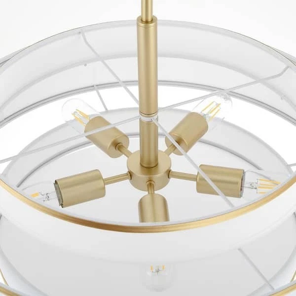 MLiAN24 pulgadas. Lámpara de araña de tambor de doble sombra dorada de 5 luces con pantalla de tela blanca Foto 2 de 4