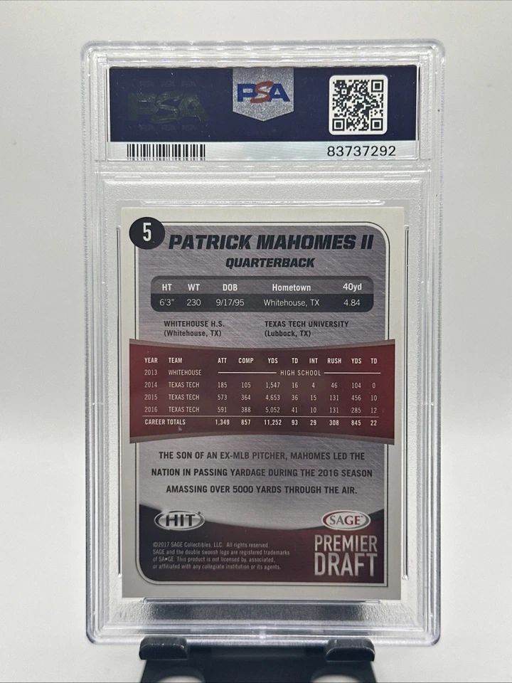 2017 SA-GE HIT PREMIER DRAFT #5 PATRICK MAHOMES II PSA 10 - Image 2 of 2