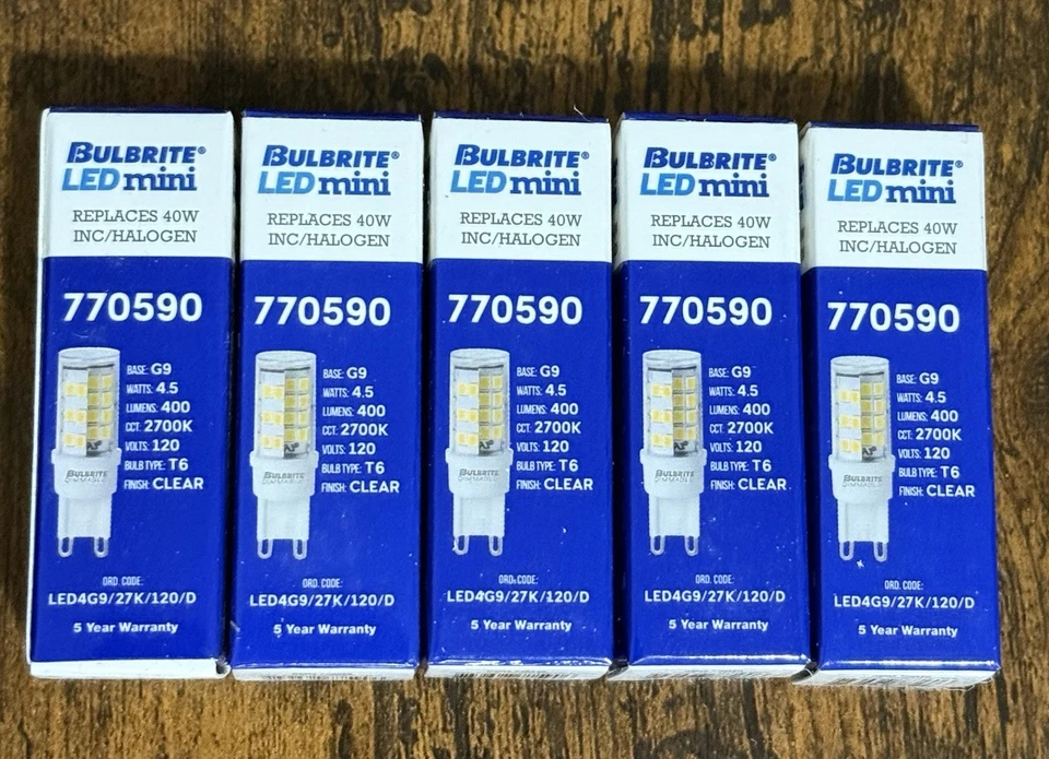 5 Pack- Bulbrite 770590 LED Mini Bulb 4.5W=40W 120V T4 2-Pin G9 Base Clear 27K - Image 3 of 4