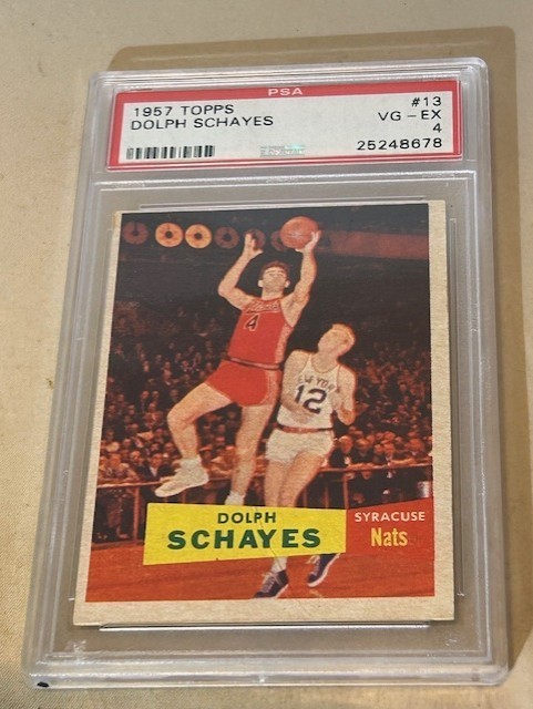 1957 TOPPS #13 DOLPH SCHAYES PSA VG-EX 4 SYRACUSE NATIONALS BASKETBALL CARD.