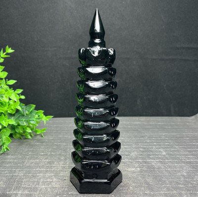 440G   Natural Obsidian Quartz Hand Carved Crystal Wenchang Tower Healing
