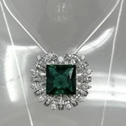 Vintage 925 Chain Emerald Green Square Crystal Halo Pendant Brooch Necklace 17”