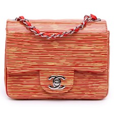 Authenticated Chanel Mini Square Classic Patent Striped Single Flap Orange