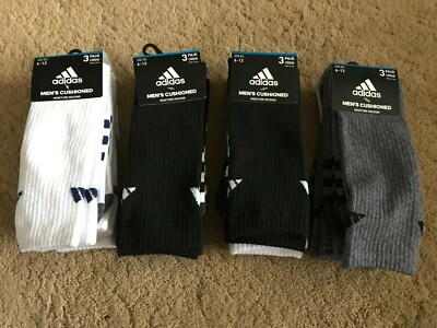 Adidas Mens Cushioned Moisture Wicking Black Grey White Crew Socks 3 Pr Sz 6-12
