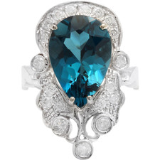 7.65 Carats Natural London Blue Topaz and Diamond 14K White Gold Ring