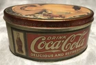 Vintage 1988 Coca Cola Gold Oval Metal Tin Nostalgic Photo of Girl Drinking Coke
