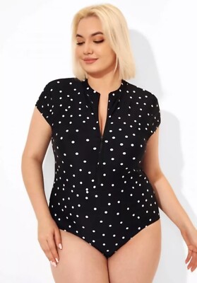 Meet.Curve Woman's NEW Blue White Polka Dot Swimsuit 2XL Zip Up Front Cap Sleeve