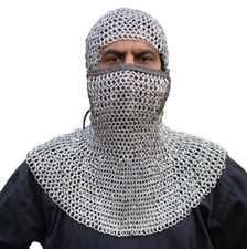 Chainmail Hood /Coif With Mask Leather Attached 10MM Dome Riveted Flat Rings Wit