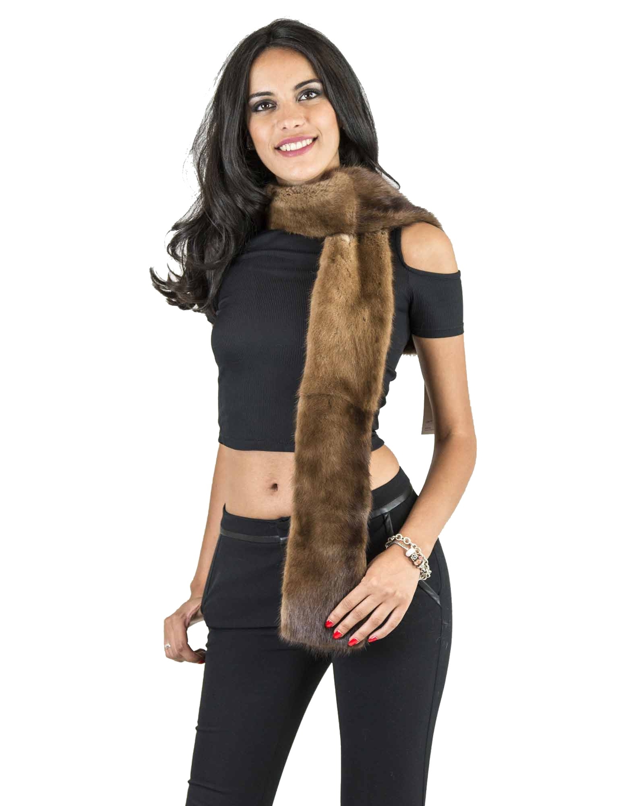 Dark gold mink long rectangular demi fur necklace-image