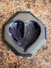 Rowe Pottery Works Signed Small Salt Glazed w Blue Heart Spoon Rest 1994