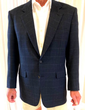 Men's Brioni Sport Coat Navy Blue Window Pane Fine Wool Excellent Condition 40R