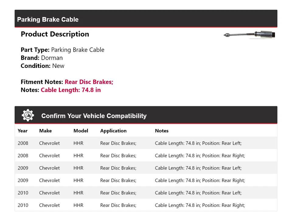 Cable de freno de estacionamiento 2009 para Chevrolet HHR Dorman 2008-2010 Foto 2 de 4