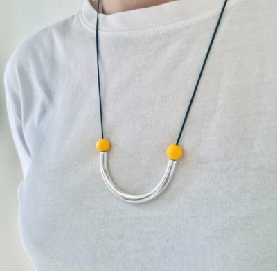 Greek Sterling Silver Tube Necklace with Yellow Polymer Clay Beads