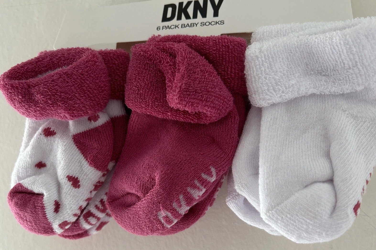 DKNY. 6 Pack Of White & Pink Baby Socks~ 82% Cotton ~ 6-12 Months