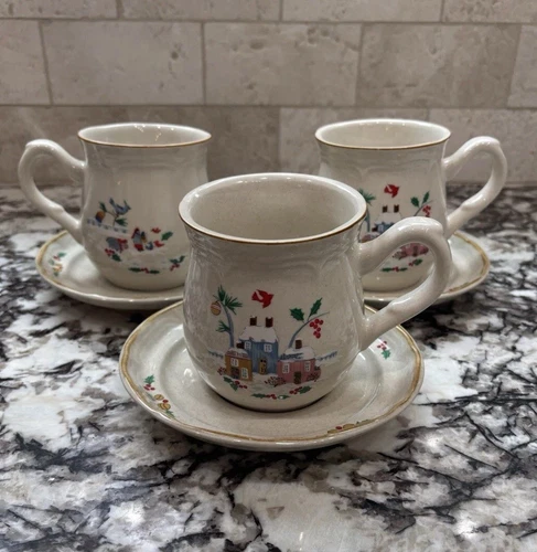 Rare Vintage International Heartland Christmas Mugs And Saucers