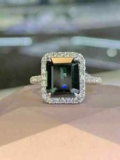 3Ct Emerald Lab Created Black Diamond Halo Engagement Ring 14K White Gold Plated