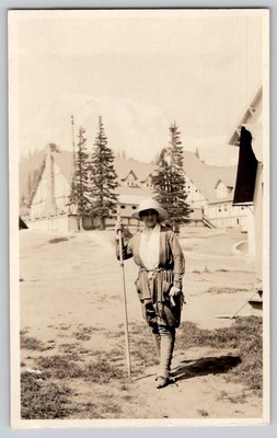 RPPC Woman Hiking Photo Mount Rainier WA Real Photo Postcard USA Vintage 1920s