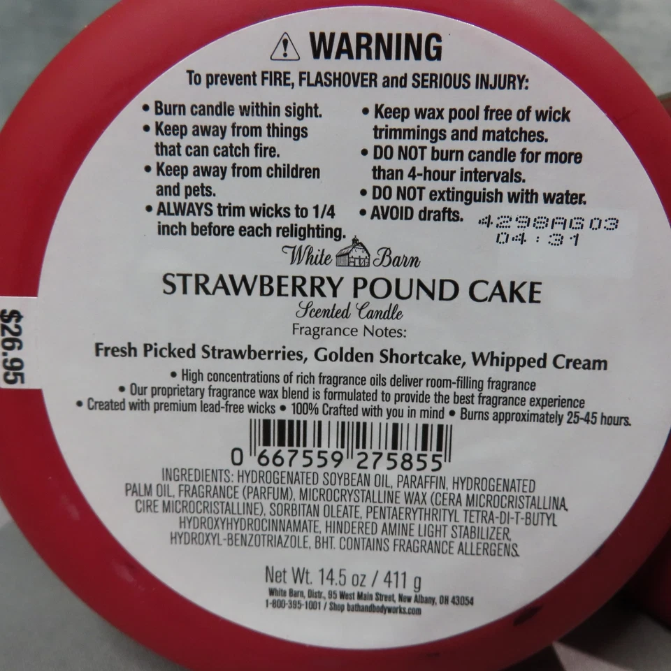 White Barn Strawberry Pound Cake 3-Wick Candle 14.5 oz Lot of 2 Bath Body Works - Image 4 of 4