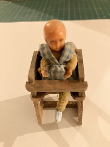 Vintage 60s Dolls House Baby In Wooden High Chair - TLC - Picture 1 of 6