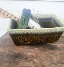 Vintage MCM Hull USA Avacado Green Daisy Drip Glaze Rectangle Planter F17