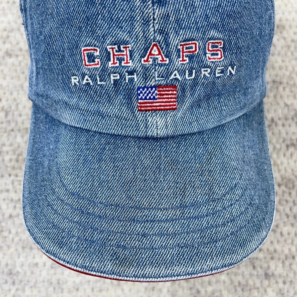Gorra de colección Chaps Ralph Lauren con correa trasera denim azul Jean bandera años 90 desteñido papá Foto 4 de 4