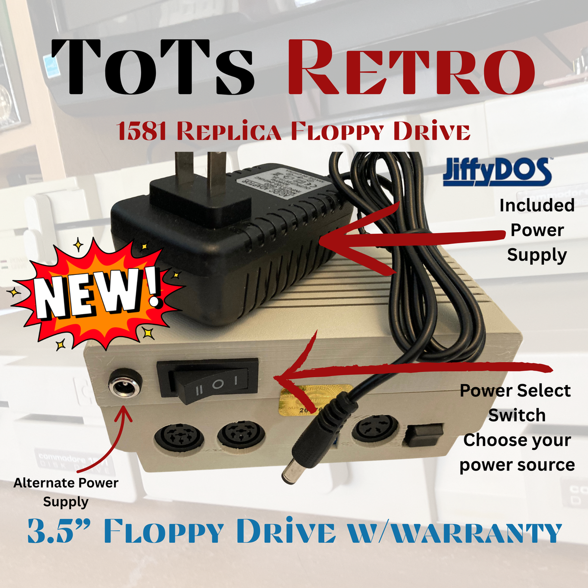 New Commodore 1581 Disk Drive Replica 3.5” W/ Power Supply and
