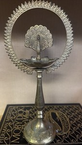 Vintage Indian Brass Peacock Oil Lamp 11.5” Tall X 5” W Hindu Temple Diya Deepam
