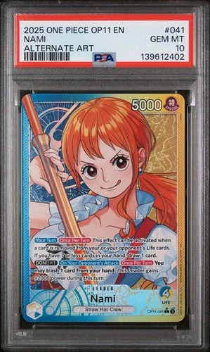 One Piece 2025 OP11-A Fist of Divine Speed Alternate Art #041 Nami, PSA 10