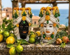 Paar K&ouml;pfe Di Moro Re E regina Gelb Keramisch Sizilien von Caltagirone 20