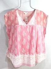 Lucky Brand Women's Blouse L Semi Sheer Floral Print Border Pink Top NWT