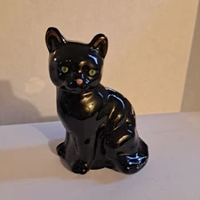 Fenton Black Glass Sitting Cat Hand Painted Floral Signed Original Label